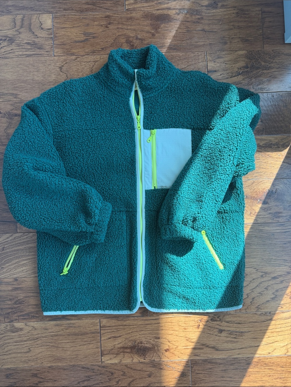 Forest Green Sherpa Fleece Zip Jacket with Neon Accents